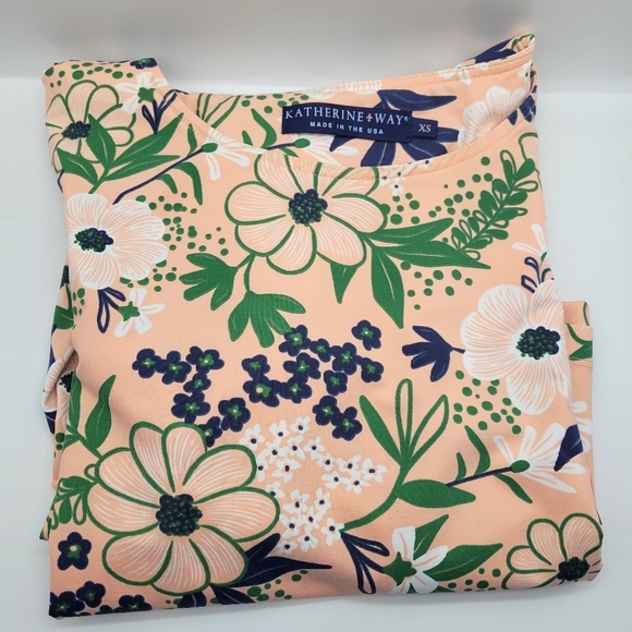 KATHERINE WAY Floral Mini Gold Dress Stretchy Short Sleeves XS Pockets Pink - Picture 11 of 11